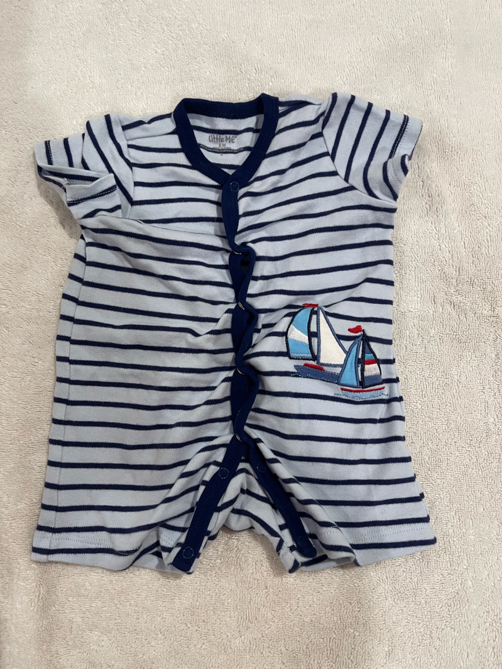 Little Me 6 Months Baby Romper Navy & Light Blue Striped Sailboat One-Piece